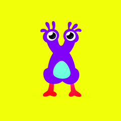 Illustration of a cute, lovely big-eyed monster character. Vector. Mascot for the company. Abstract creature. Character is isolated on a yellow background. Children's cartoon image, drawing of a monst