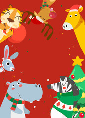 Merry Christmas greeting card with Tiger, rabbit, hippopotamus, giraffe and zebra. 
Animals of the christmas, frame.  Animals Frame.