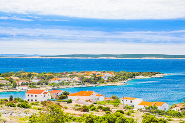 Croatia, village of Simuni on the island of Pag, panoramic view of beautiful Adriatic seascape and marina