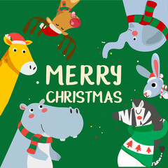 Merry Christmas greeting card with Tiger, rabbit, hippopotamus, giraffe, and zebra. Cute holiday cartoon character vector. Happy new year.