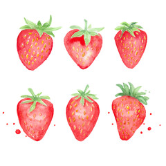 Set of six juicy strawberries, Watercolor illustration isolated on white.