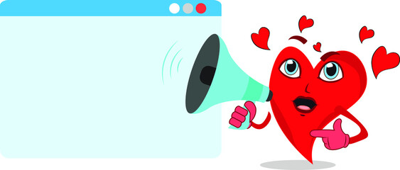 lovely heart funny character announcing on megaphone blank web browser