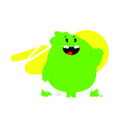 Illustration of a green kawaii monster. Vector. Cute cartoon baby dragon. Toy rubber mascot for the company. Character for animation. Emotion of a cheerful, friendly monster.