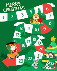 Vector flat style illustration of Merry Christmas with animals board game. For print. Cute Animal Theme.