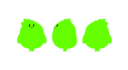 Illustration of a green kawaii monster. Vector. Cute cartoon baby dragon. Toy rubber mascot for the company. Character for animation. The emotions of a kind, friendly monster.