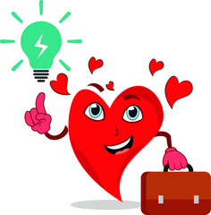 ovely heart funny character business bag in hand giving an idea bulb glowing