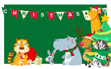 Obraz na płótnie Canvas Merry Christmas. Christmas Cute Animals Character. Happy Christmas Companions. Rain deer, Tiger, rabbit, hippopotamus, giraffe and zebra scene.