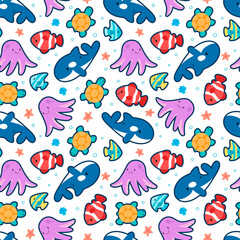 Funny Cute Cartoon sea life ocean seamless pattern background wallpaper designs for kids