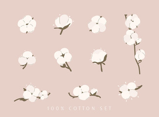 Cotton flower & ball big set. Concept of of natural eco organic textile, fabric.
