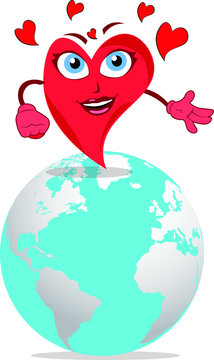 supercool funny heart lovely character on a globe world map