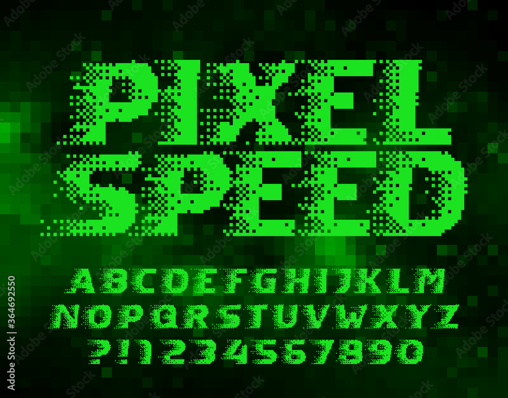 Fototapete pixel speed alphabet font. wind effect letters and numbers. abstract pixel background. 80s arcade vi