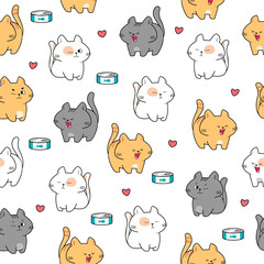 Cute Funny chubby cats with food icons seamless pattern template