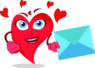 supercool funny heart lovely character holding envelope