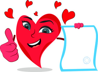 supercool funny heart lovely character giving a thumbs up holding blank certificate paper