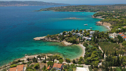 Aerial drone panoramic photo of famous seaside area of Agios Aimilianos resort area, Porto Heli, Argolida, Greece