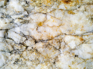 Raw white stone with black and brown veined. Top view and close-up.
