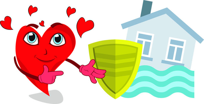 lovely character love heart presenting flooded house with protection insurance security