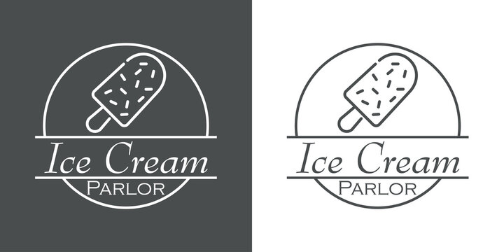 Concepto helader&iacute;a. Logo lineal con texto Ice Cream Parlor en c&iacute;rculo con helado con paleta en fondo gris y fondo blanco