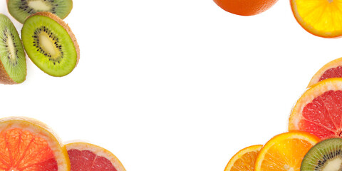 Citrus fruits orange grapefruit lemon and kiwi isolated on white background
