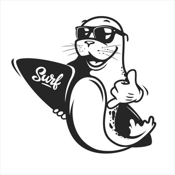 recommend clip art: Cartoon seal with surf board and sunglasses, aloha vector design