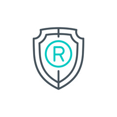 shield Registered trademark outline flat icon. Single quality outline safety logo for web design or mobile app. Thin line shield protect logo. Black and blue icon security isolated on white background