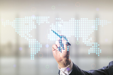 Multi exposure of man hand with pen working with abstract creative digital world map hologram on blurred office background, tourism and traveling concept