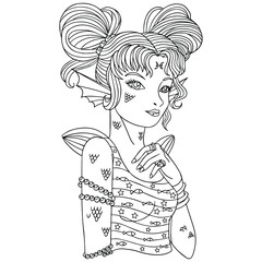 Model. Fantasy. Beautiful girl as fish zodiac. Vector outline illustration for coloring book pages for adults. Mermaid. Line art with zentangle elements.