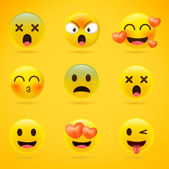 Cartoon emoji collection. Set of emoticons with different mood. 3d style vector illustration isolated on yellow background.
