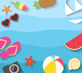 Summer background with blue waves and flat summer vector icons. Vacation or travel background for banner design