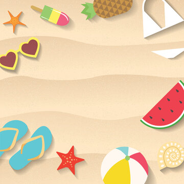 Beach sand background with different summer items flat illustration. Watermelon slice, flip flops, sunglasses and sea stars are in the sand. - Vector