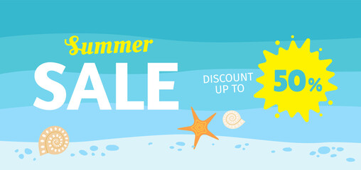 Summer Sale flyer design concept with ocean waves, sea star and shells. Discount up to 50%. - Vector