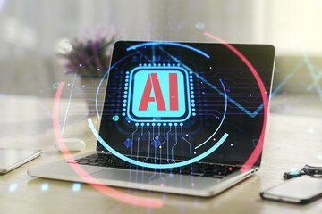 Double exposure of creative artificial Intelligence abbreviation with computer on background....