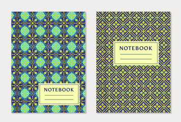 Notebook cover designs. Two exercise books with abstract blue and yellow pattern and place for text. Oriental style collection. Vector set.