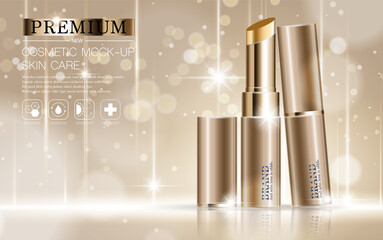 Hydrating facial lipstick for annual sale or festival sale. white and gold lipstick mask bottle isolated on glitter particles background for product presentation. Graceful cosmetic ads, Vector.