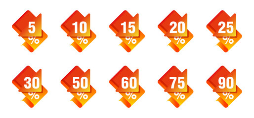 Sale tag sticker for web design and discount promotion - yellow vector ribbon in flat paper style with arrow down with different percentage from 5 to 90