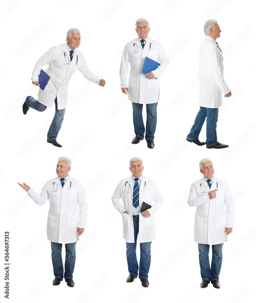 Poster Collage with photos of senior doctor on white background