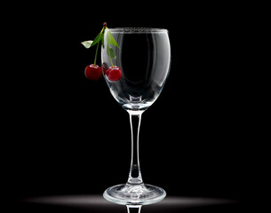 Pair of ripe cherries in an empty wine glass on a black background. Natural product. Natural color. Close-up.