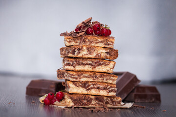 Sweet cake with cocoa powder zebra with berries and chocolate on dark wooden background.