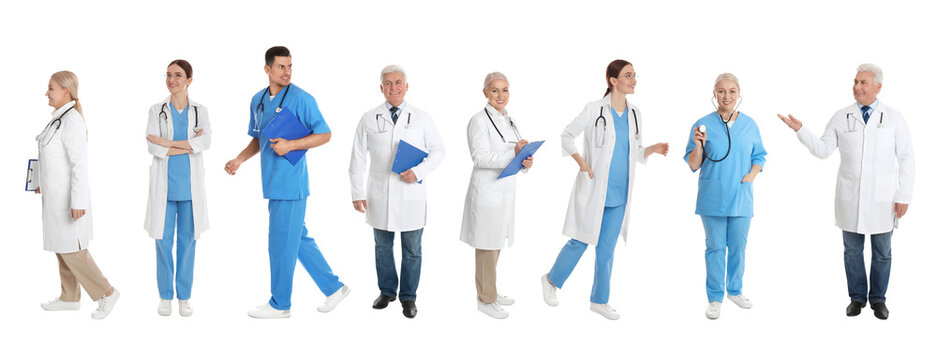 Collage with photos of doctors on white background, banner design
