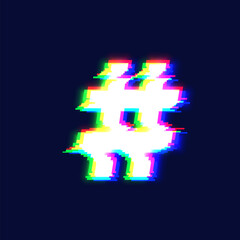 Realistic glitch font character 'hashtag' vector illustration