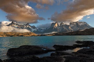 Naklejka na ściany i meble Sunrise over Cuernos del Paine, Torres del Paine National Park and Lago Pehoe, Chilean Patagonia, Chile