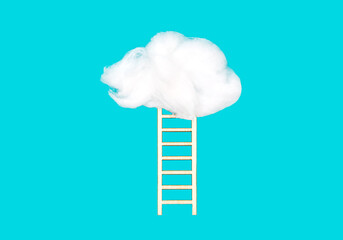 Wooden ladder leading up to a puffy cotton cloud on a blue background. Creative success and...