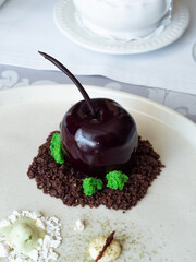 Chocolates in the shape of a chocolate apple. Sprinkled with chocolate chips, meringues and ice cream. Served on a white plate. Dert in a restaurant. A good treat.