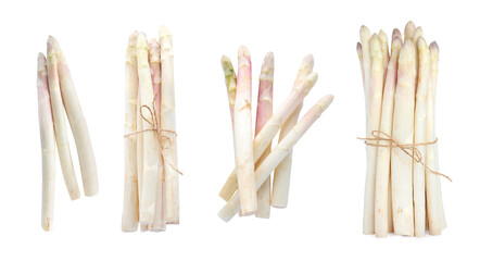 Set with fresh ripe asparagus on white background, top view. Banner design