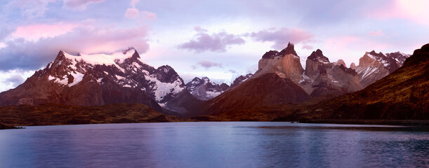 Sunrise over Cuernos del Paine and Lago Pehoe, Torres del Paine National Park, Chilean Patagonia, Chile