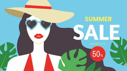Summer Sale banner design with beautiful long-haired young woman wearing hat and sunglasses illustration. Discount up to 50%. - Vector