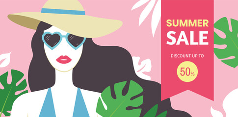 Summer Sale banner design template with beautiful young woman on pink background with tropical leaves. Discount up to 50%. - Vector