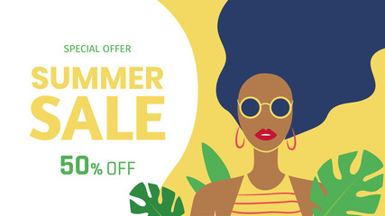 Summer Sale banner design concept. Beautiful long-haired tanned woman wearing sunglasses flat illustration. Special offer 50% off. - Vector