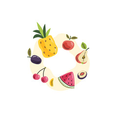 Hand-drawn illustration of fruits on the light background. Colorful vector composition of fresh fruits. Doodle flat style.