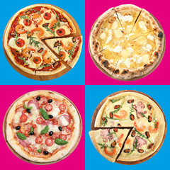 Collage with different tasty pizzas on color backgrounds, top view